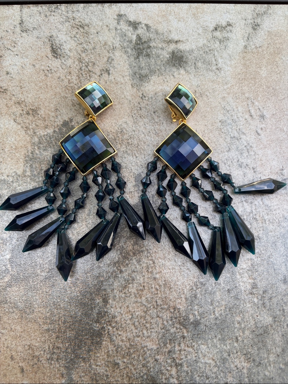 Balmain X H&M Faceted Emerald Green and Gold Chandelier Drop Clip-On Earrings